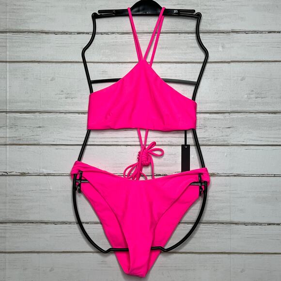 Lovers + Friends Hot Pink Wrap Bikini Set Halter Top Small High Bottoms Medium - Picture 3 of 12